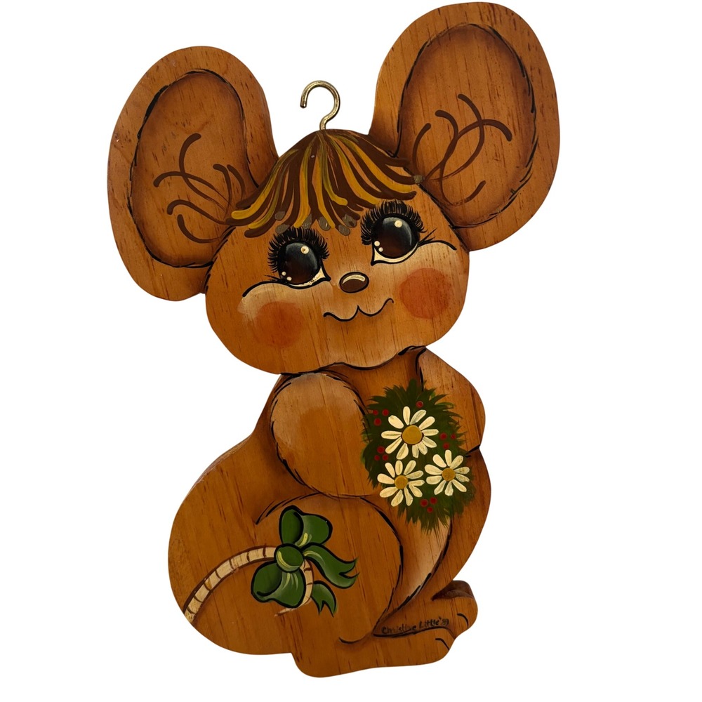 Vintage 1979 Christine Little Hand Painted Wood Mouse Wall Hanging Art Daisy 9.5